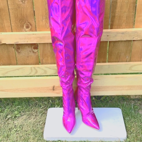 ☆ SEXY Hot Pink Metallic Thigh High Boots With 5' Stiletto Heels - Picture 4 of 8